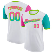 Load image into Gallery viewer, Custom White Pink Aqua-Neon Green Gradient Two Tone Performance T-Shirt
