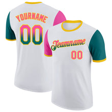 Load image into Gallery viewer, Custom White Pink Teal-Yellow Gradient Two Tone Performance T-Shirt
