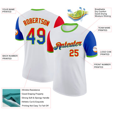 Custom White Fire Red Thunder Blue-Neon Green Gradient Two Tone Performance T-Shirt