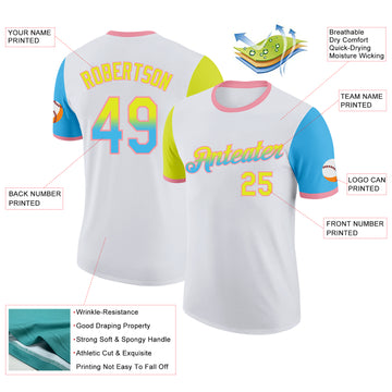 Custom White Neon Yellow Sky Blue-Medium Pink Gradient Two Tone Performance T-Shirt