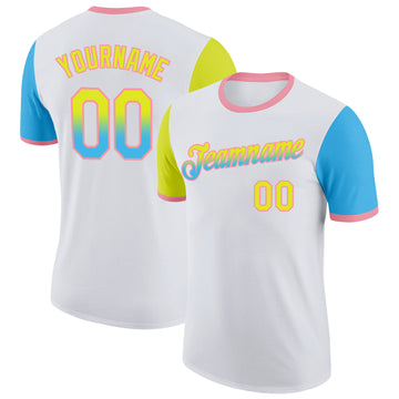 Custom White Neon Yellow Sky Blue-Medium Pink Gradient Two Tone Performance T-Shirt