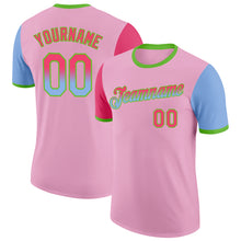 Load image into Gallery viewer, Custom Light Pink Neon Pink Light Blue-Aurora Green Gradient Two Tone Performance T-Shirt
