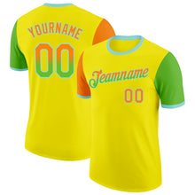 Load image into Gallery viewer, Custom Light Yellow Bay Orange Aurora Green-Ice Blue Gradient Two Tone Performance T-Shirt
