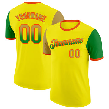 Custom Light Yellow Old Gold Grass Green-Orange Gradient Two Tone Performance T-Shirt