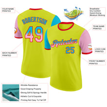 Load image into Gallery viewer, Custom Neon Yellow Lakes Blue Light Pink-Fire Red Gradient Two Tone Performance T-Shirt
