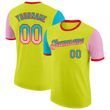 Load image into Gallery viewer, Custom Neon Yellow Lakes Blue Light Pink-Fire Red Gradient Two Tone Performance T-Shirt
