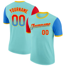 Laden Sie das Bild in den Galerie-Viewer, Custom Ice Blue Fire Red Powder Blue-Yellow Gradient Two Tone Performance T-Shirt
