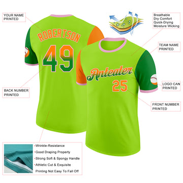 Custom Neon Green Bay Orange Grass Green-Light Pink Gradient Two Tone Performance T-Shirt