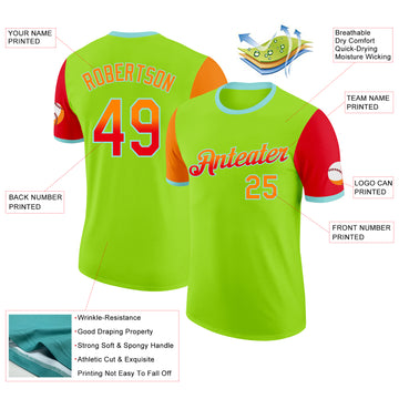 Custom Neon Green Bay Orange Fire Red-Ice Blue Gradient Two Tone Performance T-Shirt