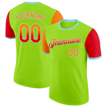 Custom Neon Green Bay Orange Fire Red-Ice Blue Gradient Two Tone Performance T-Shirt