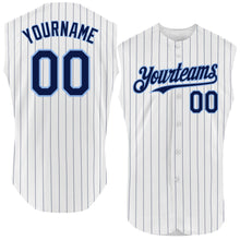 Laden Sie das Bild in den Galerie-Viewer, Custom White Navy Pinstripe Light Blue Authentic Sleeveless Baseball Jersey
