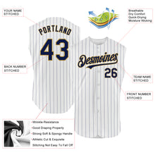 Laden Sie das Bild in den Galerie-Viewer, Custom White Navy Pinstripe Old Gold Authentic Sleeveless Baseball Jersey
