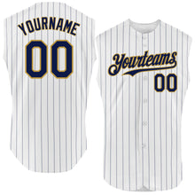 Laden Sie das Bild in den Galerie-Viewer, Custom White Navy Pinstripe Old Gold Authentic Sleeveless Baseball Jersey

