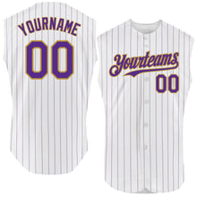 Load image into Gallery viewer, Custom White Purple Pinstripe Old Gold Authentic Sleeveless Baseball Jersey
