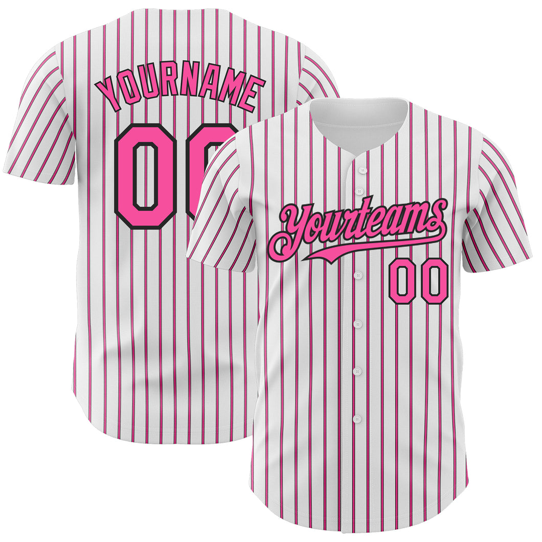 Custom White (Black Pink Pinstripe) Pink-Black Authentic Baseball Jersey