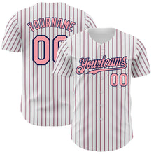 Laden Sie das Bild in den Galerie-Viewer, Custom White (Navy Medium Pink Pinstripe) Medium Pink-Navy Authentic Baseball Jersey

