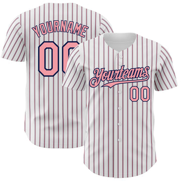 Custom White (Navy Medium Pink Pinstripe) Medium Pink-Navy Authentic Baseball Jersey