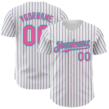 Custom White (Aqua Pink Pinstripe) Pink-Aqua Authentic Baseball Jersey