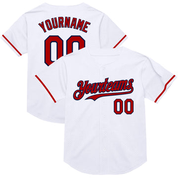 Custom White Red-Navy Mesh Authentic Throwback Baseball Jersey