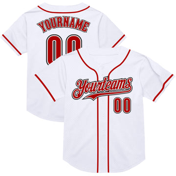 Custom White Red-Black Mesh Authentic Throwback Baseball Jersey