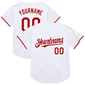 Custom White Red Mesh Authentic Throwback Baseball Jersey