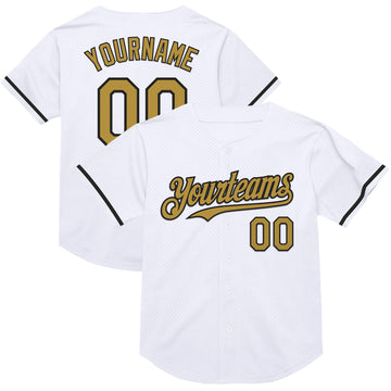 Custom White Old Gold-Black Mesh Authentic Throwback Baseball Jersey