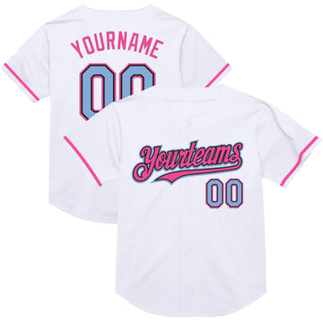 Custom White Light Blue Black-Pink Mesh Authentic Throwback Baseball Jersey