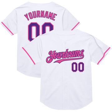 Custom White Purple-Pink Mesh Authentic Throwback Baseball Jersey