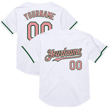Custom White Medium Pink-Green Mesh Authentic Throwback Baseball Jersey