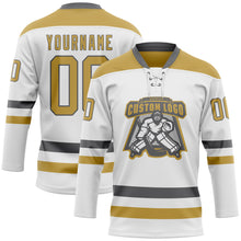 Charger l&#39;image dans la galerie, Custom White Old Gold-Steel Gray Hockey Lace Neck Jersey
