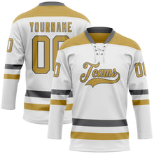 Charger l&#39;image dans la galerie, Custom White Old Gold-Steel Gray Hockey Lace Neck Jersey
