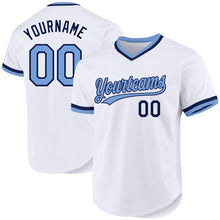 Laden Sie das Bild in den Galerie-Viewer, Custom White Light Blue-Navy Authentic Throwback Baseball Jersey
