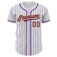 Laden Sie das Bild in den Galerie-Viewer, Custom White Purple Pinstripe Gold Authentic Baseball Jersey
