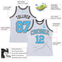 Laden Sie das Bild in den Galerie-Viewer, Custom White Black Pinstripe Sky Blue Authentic Basketball Jersey
