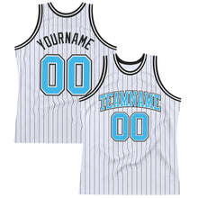 Laden Sie das Bild in den Galerie-Viewer, Custom White Black Pinstripe Sky Blue Authentic Basketball Jersey
