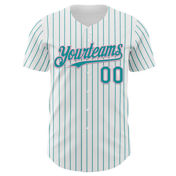 Custom White Teal Pinstripe Light Pink Authentic Baseball Jersey