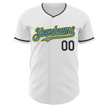 Load image into Gallery viewer, Custom White Black Shadow Blue-Light Yellow Authentic Baseball Jersey
