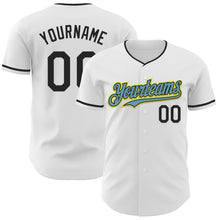 Load image into Gallery viewer, Custom White Black Shadow Blue-Light Yellow Authentic Baseball Jersey
