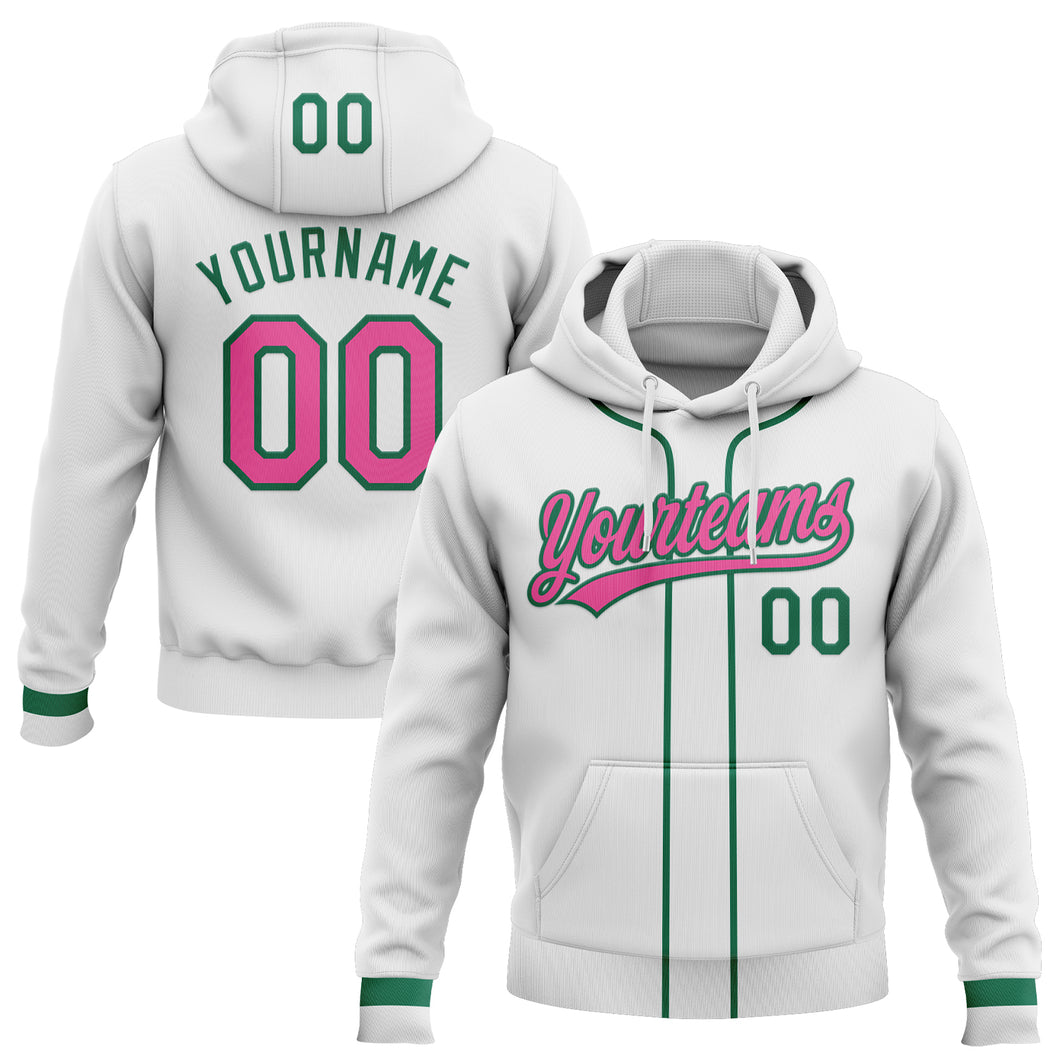 Custom Stitched White Pink-Kelly Green Baseball Pullover Sweatshirt Hoodie