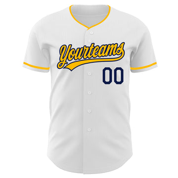 Custom White Gold-Navy Authentic Baseball Jersey