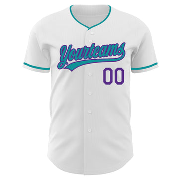 Custom White Teal-Purple Authentic Baseball Jersey