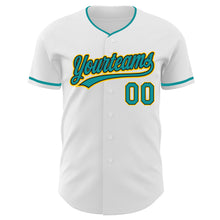 Load image into Gallery viewer, Custom White Teal Black-Yellow Authentic Baseball Jersey
