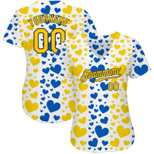 Laden Sie das Bild in den Galerie-Viewer, Custom 3D Pattern Design Hearts Painted In The Colors Of The Ukrainian Flag Authentic Baseball Jersey
