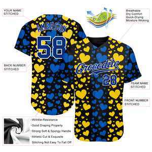Custom 3D Pattern Design Hearts Painted In The Colors Of The Ukrainian Flag Authentic Baseball Jersey