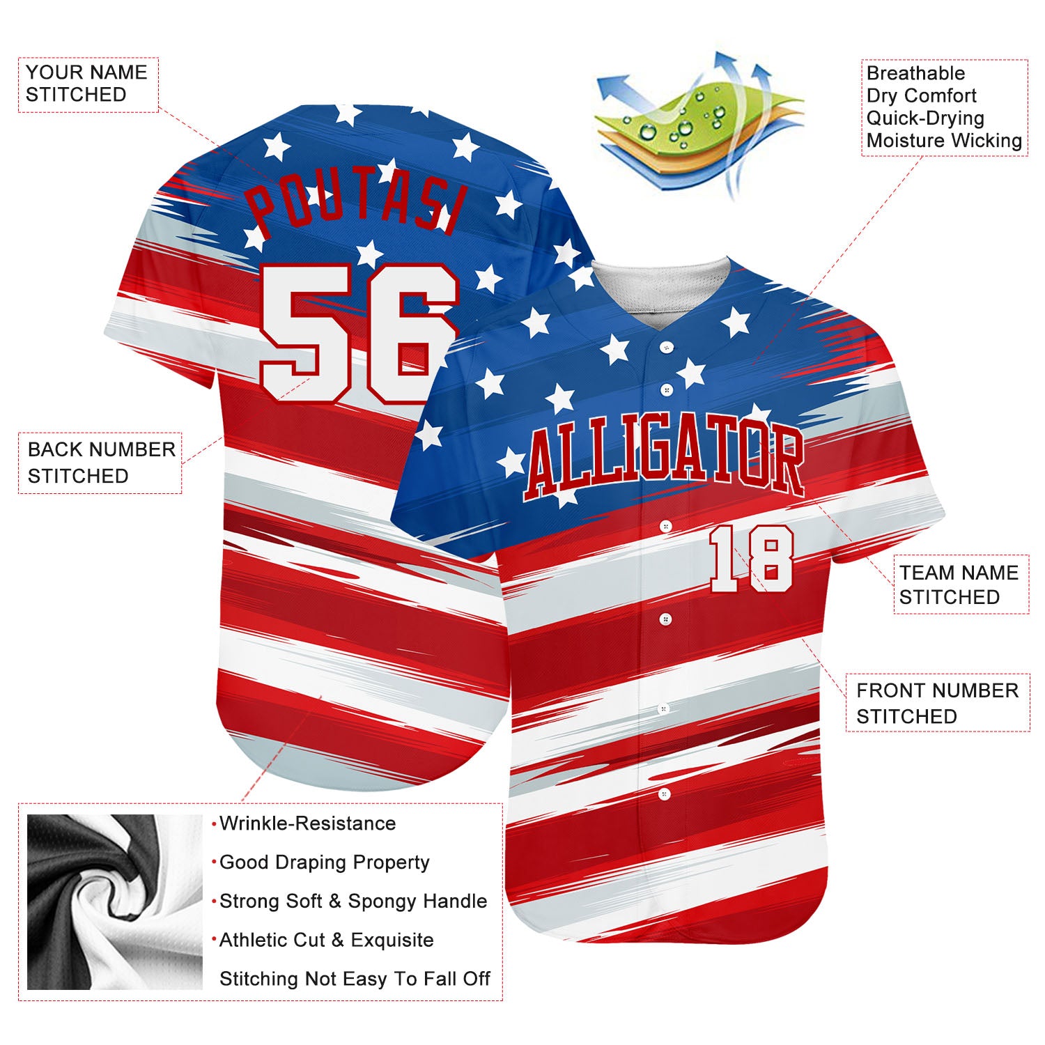 Blue Red White Patriotic Custom Two Button Baseball Jerseys | YoungSpeeds