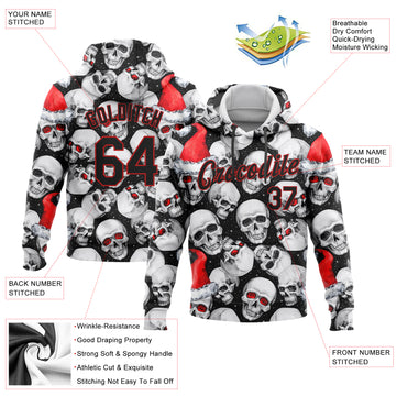 Custom Stitched White Black-Red 3D Skulls And Christmas Santa's Hat Sports Pullover Sweatshirt Hoodie