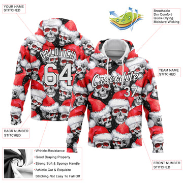 Custom Stitched Red White-Black 3D Skulls And Christmas Santa's Hat Sports Pullover Sweatshirt Hoodie