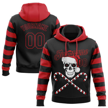 Custom Stitched Red Black-White 3D Skulls And Christmas Santa's Hat Sports Pullover Sweatshirt Hoodie