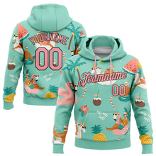 Load image into Gallery viewer, Custom Stitched Aqua Medium Pink-Brown 3D Tropical Christmas Santas With Reindeers And Flamingos Sports Pullover Sweatshirt Hoodie
