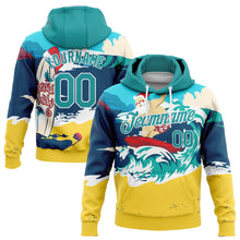 Загрузить изображение в средство просмотра галереи, Custom Stitched Navy Aqua-Gold 3D Tropical Christmas Seaside Holiday Surfing Santa Sports Pullover Sweatshirt Hoodie
